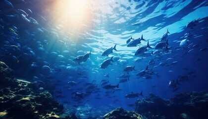 Fototapeta premium Groups of giant Tuna fish in the underwater, coral reef, amazing underwater life, various fish and exotic coral reefs, ocean wild creatures background