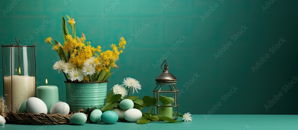 Poster a copy space image showcasing a festive easter scene with a variety of items including eggs a basket