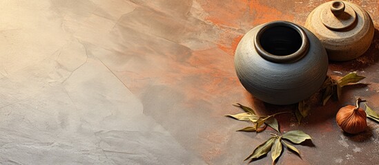 Obraz premium A flat lay image showcasing a calabash bombilla and a jar of mate tea leaves placed on a tiled table The composition leaves room for text. Creative banner. Copyspace image
