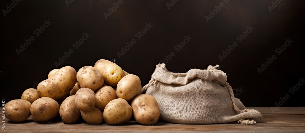 Poster a copy space image showcasing potatoes stored in a cotton bag along with a root vegetable scrubber