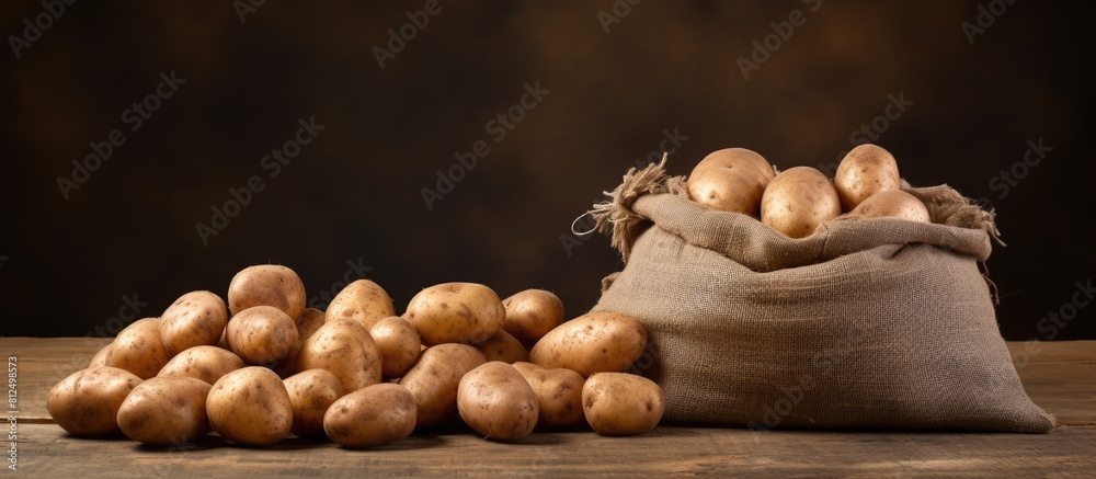 Poster a copy space image showcasing potatoes stored in a cotton bag along with a root vegetable scrubber