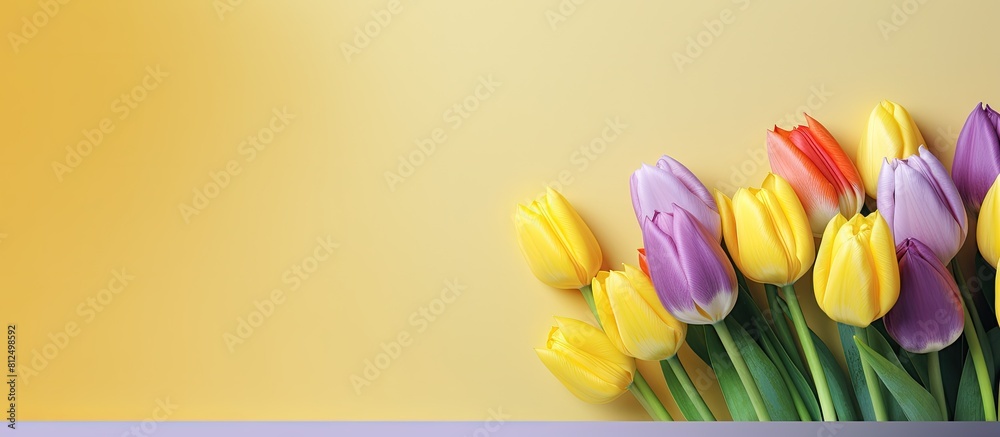 Poster a copy space image showcasing a vibrant backdrop filled with yellow and violet tulip bouquets