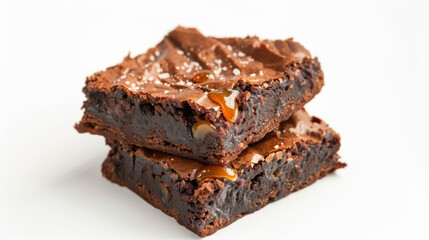 Salted Caramel Brownies on white surface, isolated on white background. 