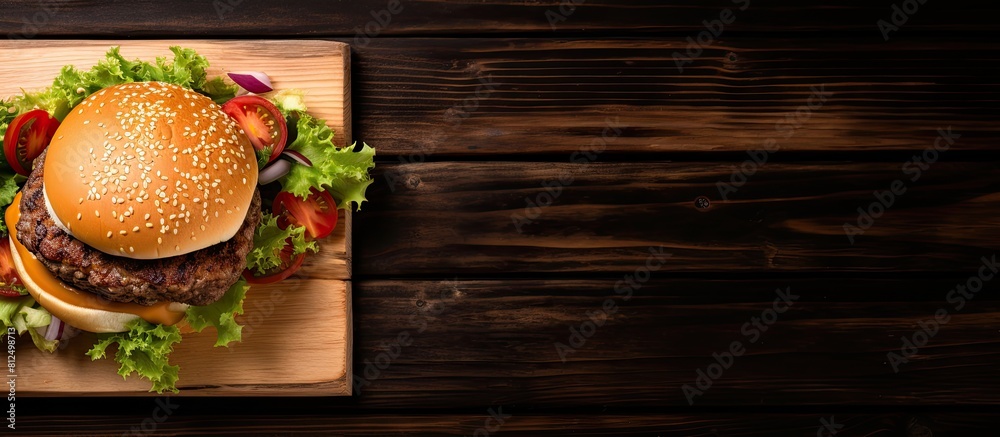 Poster The image shows a burger from a top view on a wooden table accompanied by a black tray offering ample empty space for creative purposes