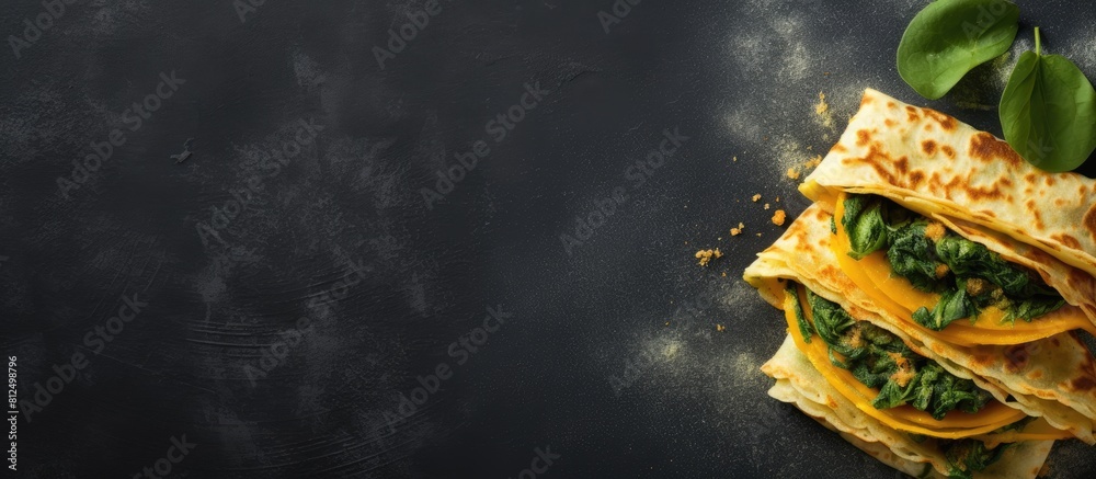 Aufkleber The image shows a stack of spinach crepes and turmeric tinted crepes on a gray concrete background It is taken from a top down perspective with some empty space around it. Creative banner