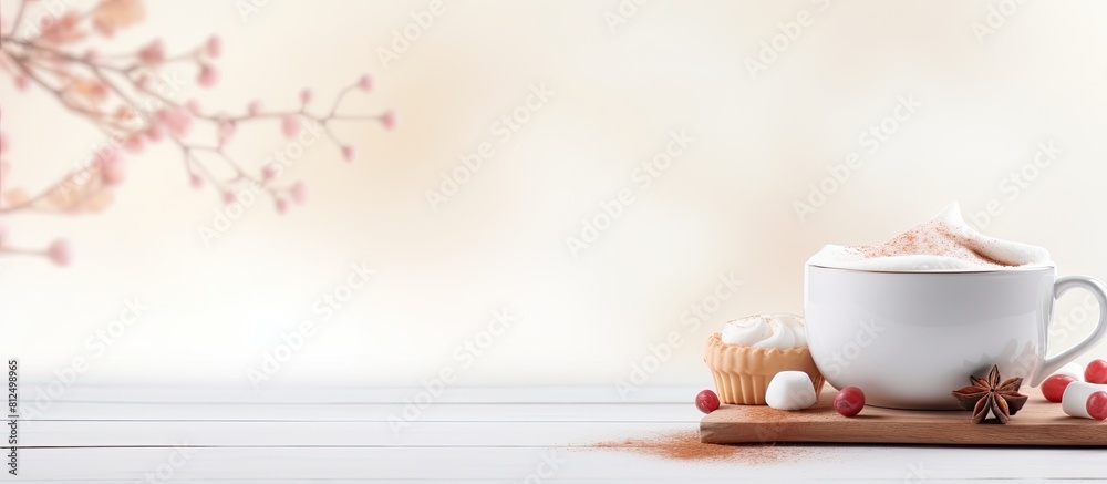 Poster copy space image of a steaming cup of hot chocolate topped with a fluffy marshmallow and a sprinkle 