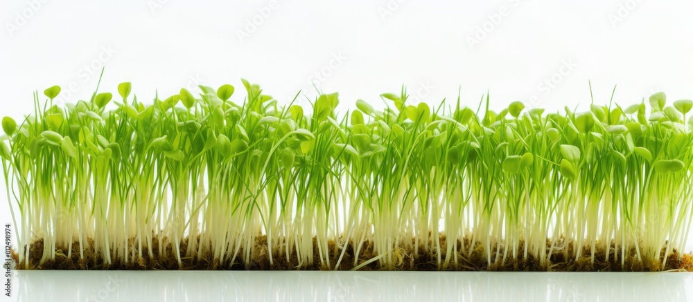 Poster A copy space image of fresh wheat sprouts growing as microgreens at home on a white wooden background using a linen mat and a wheat sprouter for hydroponics