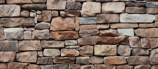 The image shows a close up of a brown granite stone wall It serves as a background image of a stone wall. Creative banner. Copyspace image