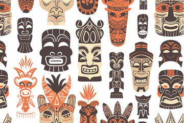 
vector tiki pattern, simple vector illustration of traditional Hawaiian totems and masks in earth tones on a white background
