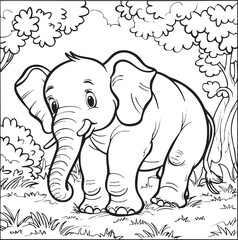 Kids coloring book with cute elephant, trees and flowers. Simple shapes, contour for small children. Cartoon vector.