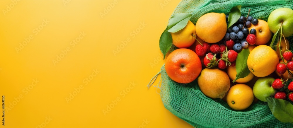 Poster a copy space image of sunlit summer flat lay featuring a variety of fresh fruits arranged in an eco 