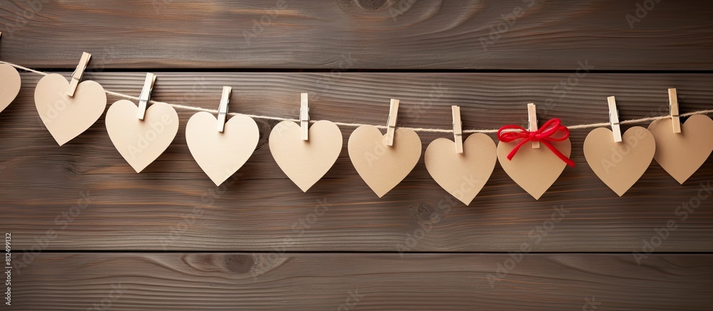 Poster copy space image of a paper heart suspended from a clothesline against a rustic wooden backdrop
