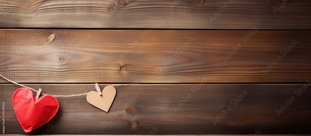 Poster copy space image of a paper heart suspended from a clothesline against a rustic wooden backdrop