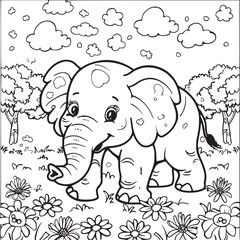 Kids coloring book with cute elephant, trees and flowers. Simple shapes, contour for small children. Cartoon vector.