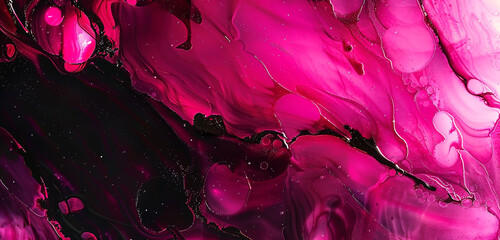 Hot pink and electric black modern abstract background, alcohol ink with oil texture.