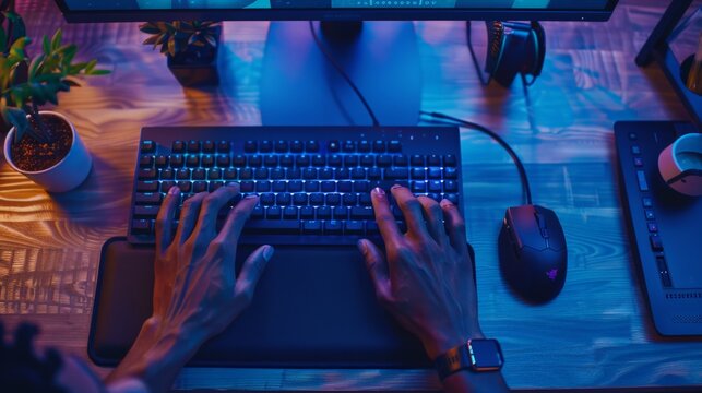 A gamer is sitting at his desk and playing video games. He is using a backlit keyboard and mouse. The room is dark and lit up by the blue light of the computer screen. - Powered by Adobe