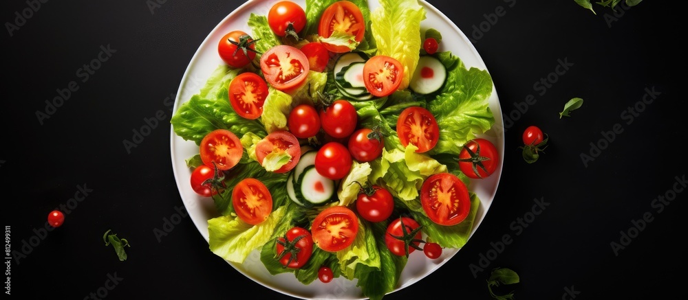 Poster copy space image of a top view plate with a diet salad composed of a fresh mix of lettuce and tomato
