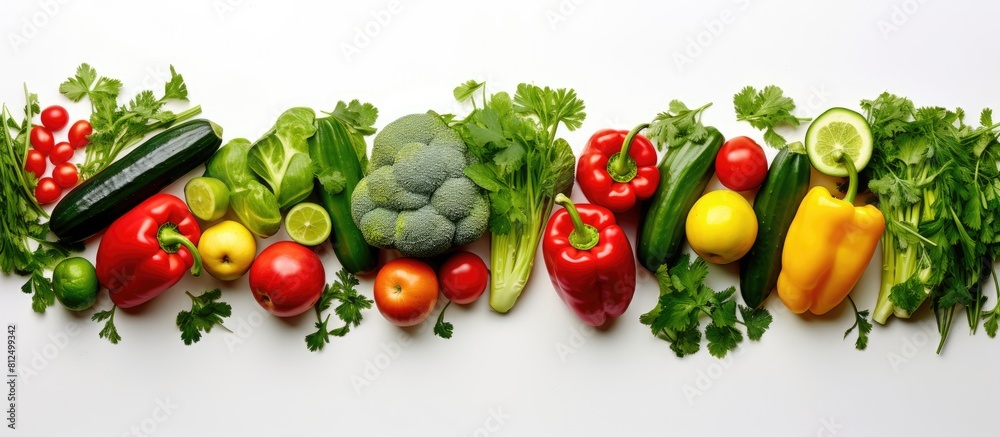 Poster Copy space image of a top view of a vibrant arrangement of green vegetables like bell peppers cucumbers and arugula salad accompanied by a fresh apple on a white background