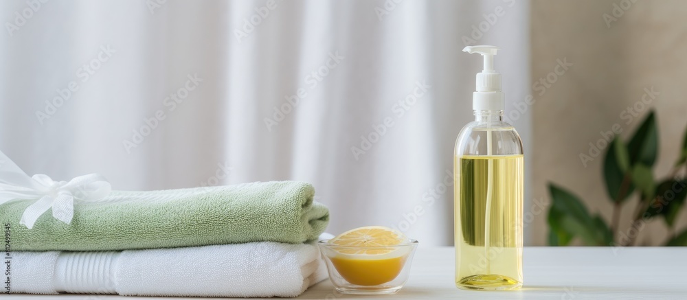 Poster copy space image of towels and shower gel set on a white table against a bathroom background