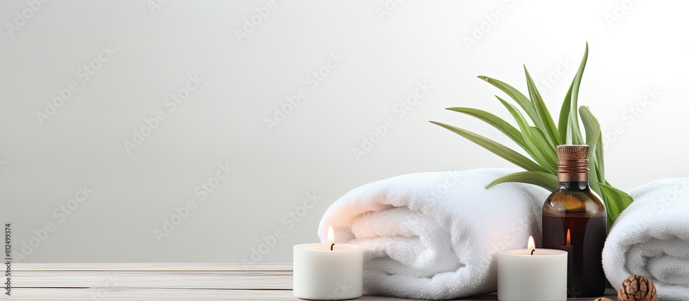 Poster copy space image of spa treatment products on a white paper background providing ample room for text
