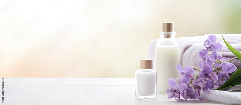 Aufkleber copy space image of spa treatment products on a white paper background providing ample room for text