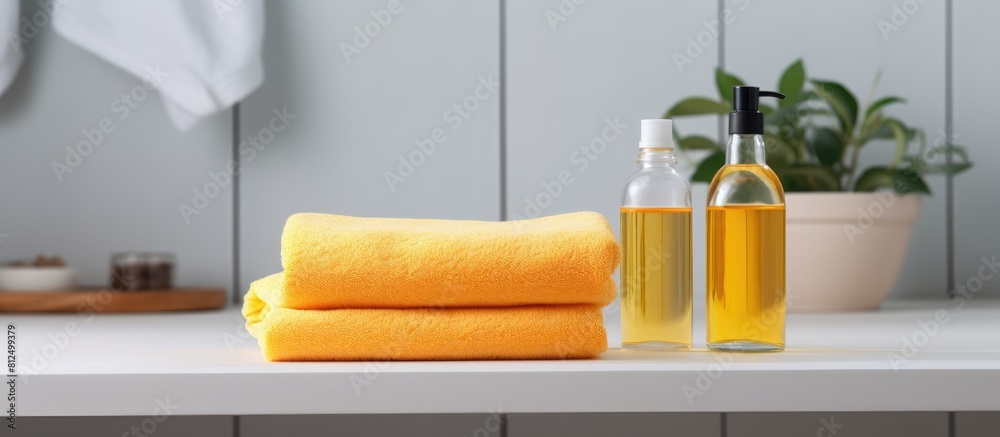 Aufkleber copy space image of towels and shower gel set on a white table against a bathroom background