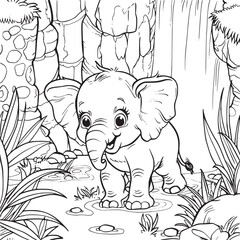 Kids coloring book with cute elephant, trees and flowers. Simple shapes, contour for small children. Cartoon vector.