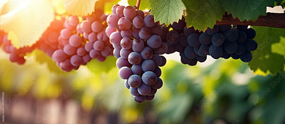 Poster image of wine grapes hanging on a cordon in a vineyard ready for harvest with copy space