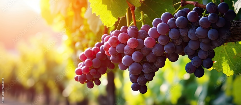 Poster image of wine grapes hanging on a cordon in a vineyard ready for harvest with copy space