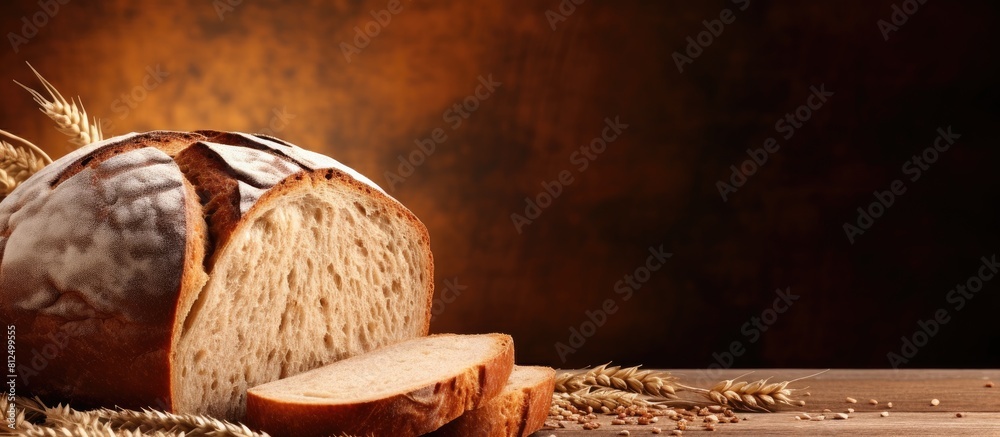Poster Copy space image of whole wheat bread on a brown background