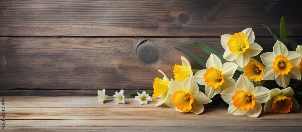 Poster A copy space image of winter daffodils displayed on a rustic wooden table