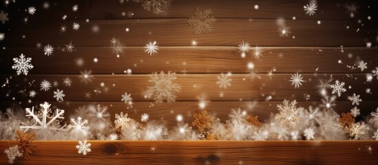 A copy space image with a wooden brown Christmas background adorned with white snowflakes