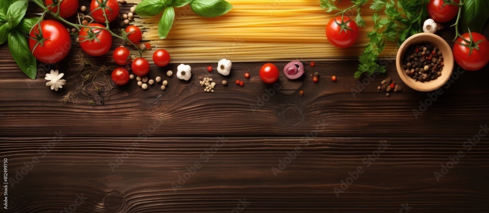 Poster top view of a wooden table with all the ingredients needed for making pasta spaghetti fresh cherry t