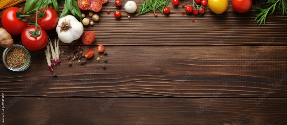 Poster top view of a wooden table with all the ingredients needed for making pasta spaghetti fresh cherry t