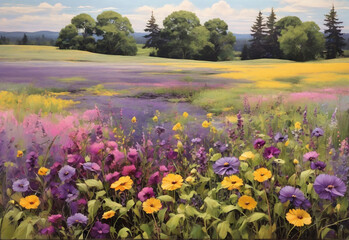 Fototapeta premium The meadow is a canvas of green, dotted with pops of purple, yellow, and pink, each plant a brushstroke in a stunning work of art.