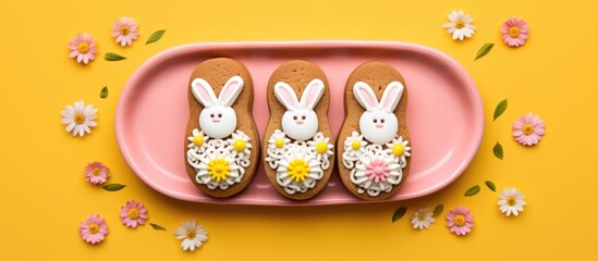 Easter inspired cookies in the shape of a bunny handcrafted with love Adorned in pink and white standing on a vibrant yellow backdrop The charming gingerbread creation wears straw shoes and blossoms
