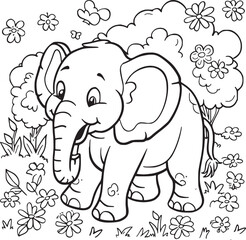 Kids coloring book with cute elephant, trees and flowers. Simple shapes, contour for small children. Cartoon vector.