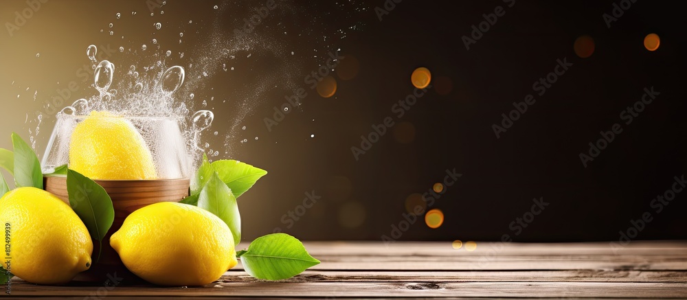 Poster a fresh lemon is being sprinkled from a basket over a wooden background in this copy space image