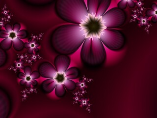 Fractal image with flowers. Template with a place to insert text. Red background fractal illustration with flower. Fractal  image. Digital artwork for creative graphic design.