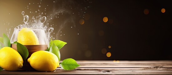 A fresh lemon is being sprinkled from a basket over a wooden background in this copy space image