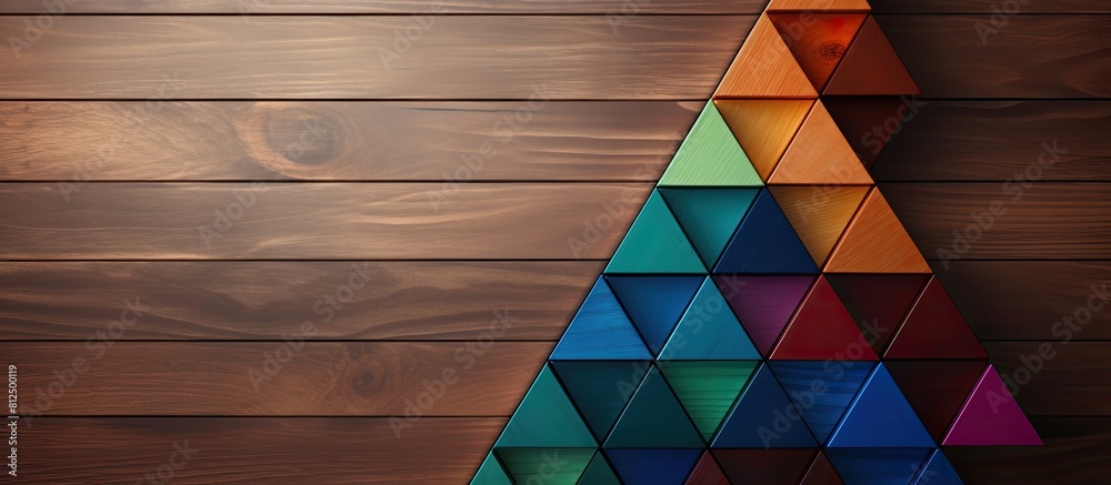 Poster The tangram puzzle is displayed in the shape of a Christmas tree on a wooden background creating a visually appealing copy space image 136 characters