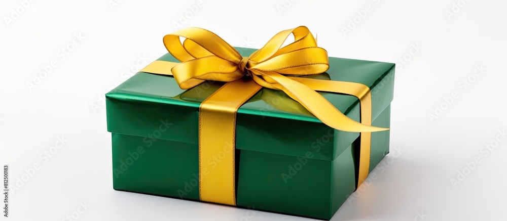 Poster isolated on a white background there is a cardboard green gift box with a golden yellow cover provid