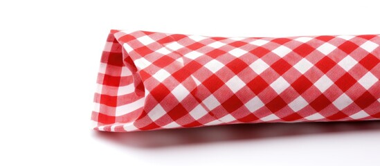 A checkered textile napkin is displayed on a white background leaving ample copy space in the image