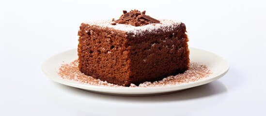 A small brown cake is displayed on a white background with a clipping path to easily isolate the image. Creative banner. Copyspace image