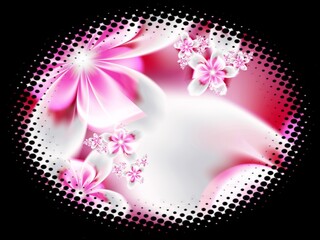 Fractal image in an oval frame with flowers on a dark background..Template with place for inserting your text.Multicolor flowers.