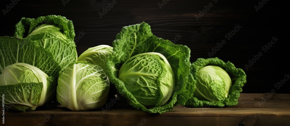 Aufkleber On a dark wooden table there is a copy space image featuring fresh and ripe Chinese cabbages arranged in a fat layer providing space for text