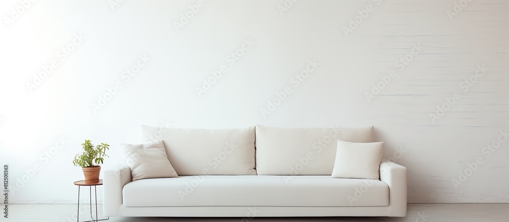 Poster there is a copy space image of a laptop placed on a sofa against a white wall background