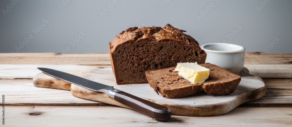 Poster on a white wooden table there is a copy space image featuring a slice of brown bread accompanied by 