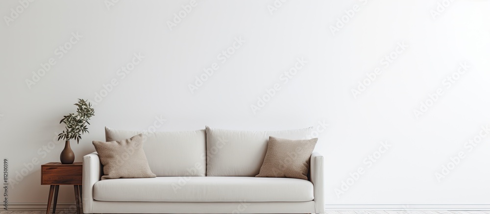 Poster there is a copy space image of a laptop placed on a sofa against a white wall background