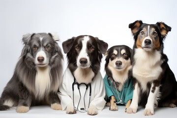 Cute and funny group of dog impersonating person, working in the hospital